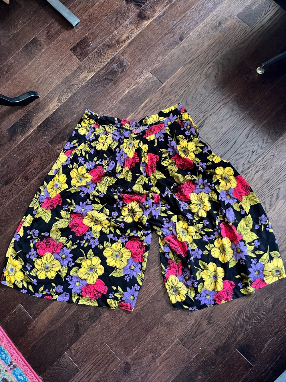 Vintage Women's Black Floral Palazzo Pants - Yellow & Purple Bloom
